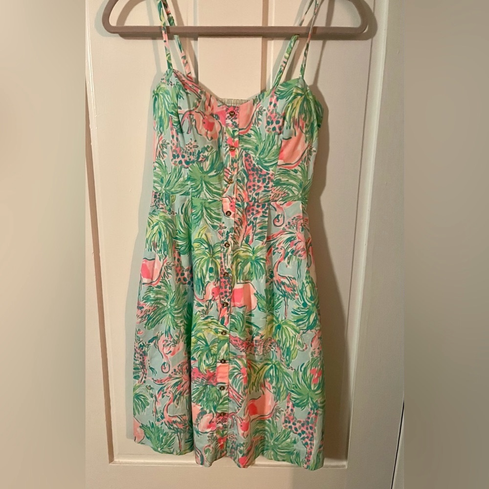 Lilly Pulitzer Easton Sundress. Elephants and Giraffes. Pink and green. Size: 00